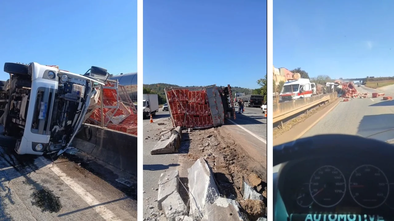 Caminhão carregado de galinhas tomba e motorista morre na BR-262 em MG
