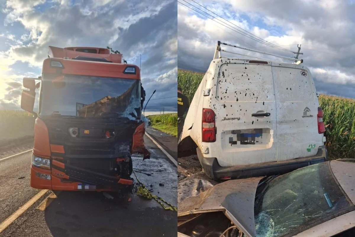 Motorista de furgão morre em colisão frontal com caminhão na PR-466